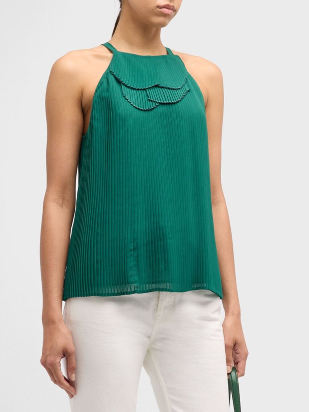 New Emporio Armani high neck knife pleated ruffle layered sleeveless tank blouse